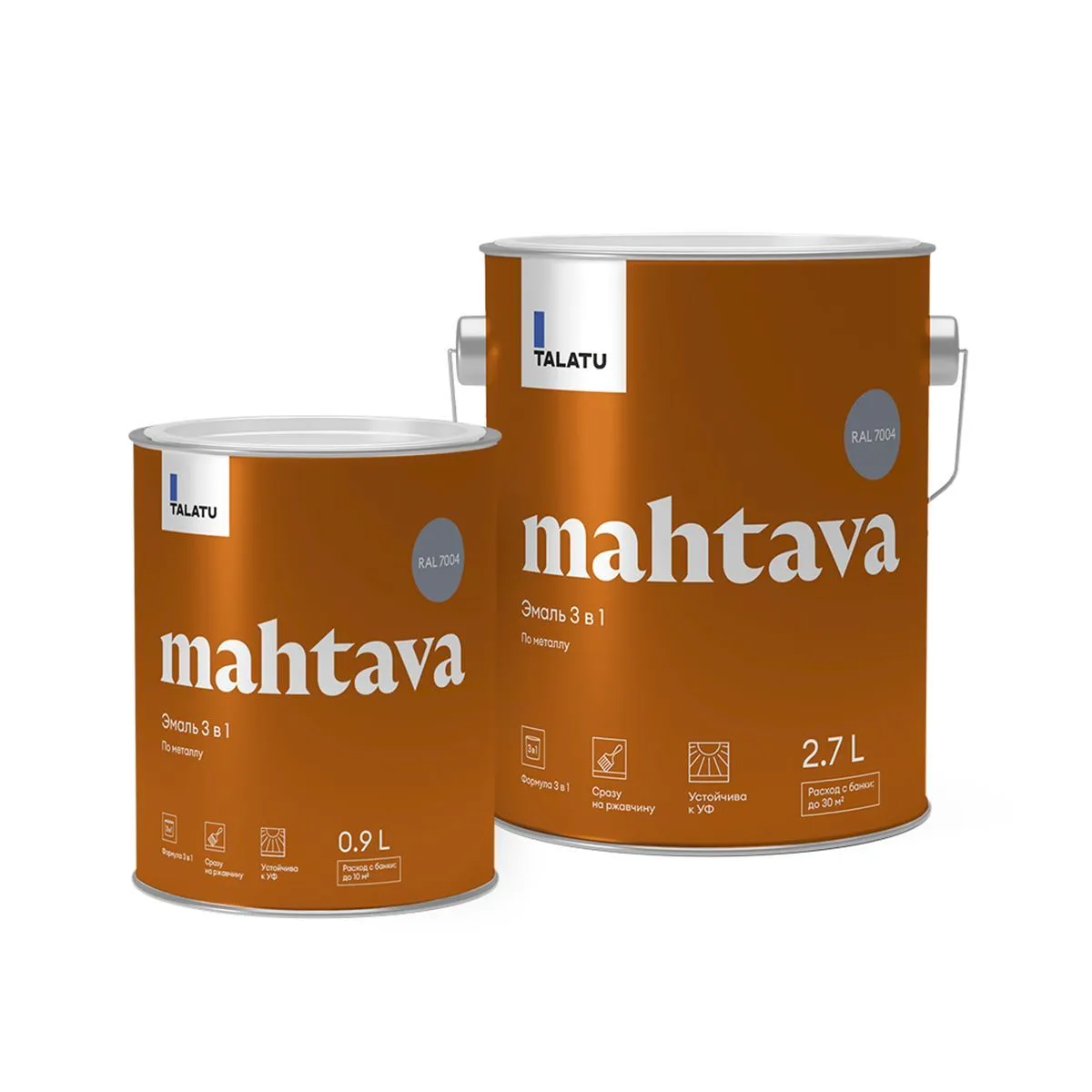 ГРУНТ-ЭМАЛЬ ПО РЖАВЧИНЕ 3 В 1 "MAHTAVA" ГЛЯНЦЕВАЯ 0,9 Л СЕРАЯ RAL 7004 (1/6) "TALATU"