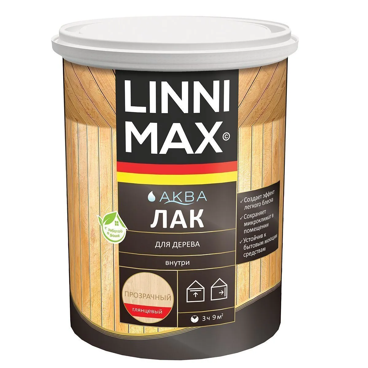 ЛАК АКРИЛОВЫЙ "АКВА" ДЛЯ ДЕРЕВА ГЛЯНЦ. 0,9 Л (1) "LINNIMAX"