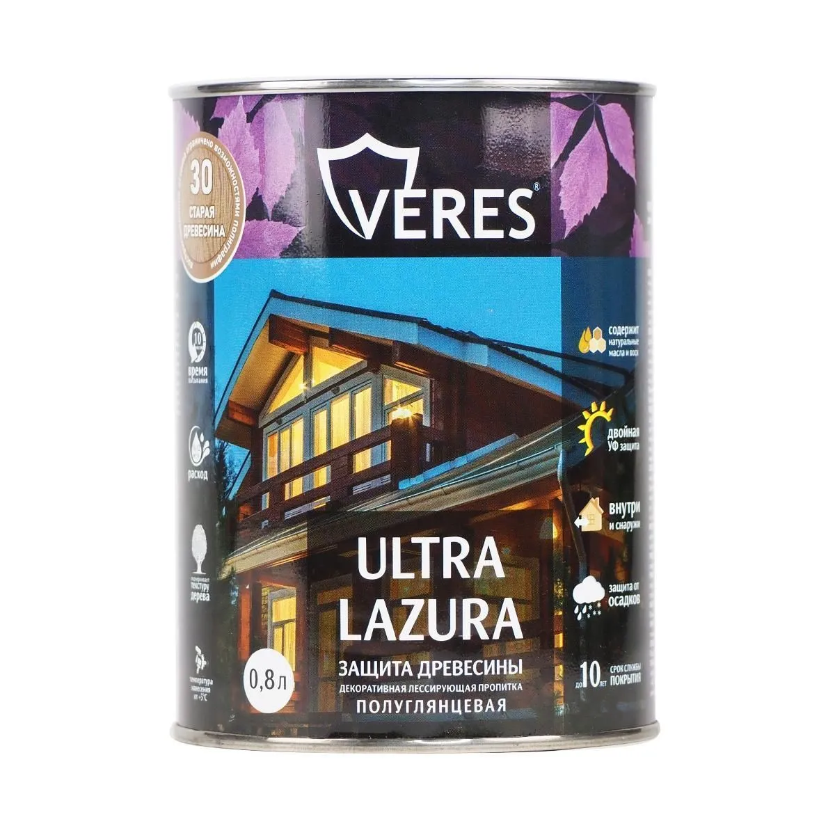 ВЕРЕС УЛЬТРА ЛАЗУРА №30 СТАРАЯ ДРЕВЕСИНА  0,8 Л (1/8) "VERES" VU-34