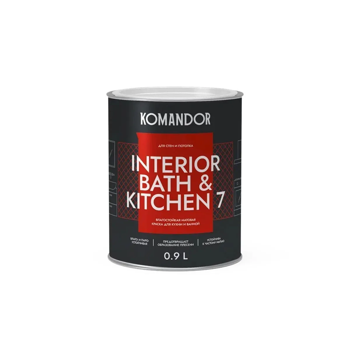 КРАСКА "INTERIOR BATH&KITCHEN 7" ВЛАГОСТОЙКАЯ БАЗА A 0,9 Л (1/6) "KOMANDOR"
