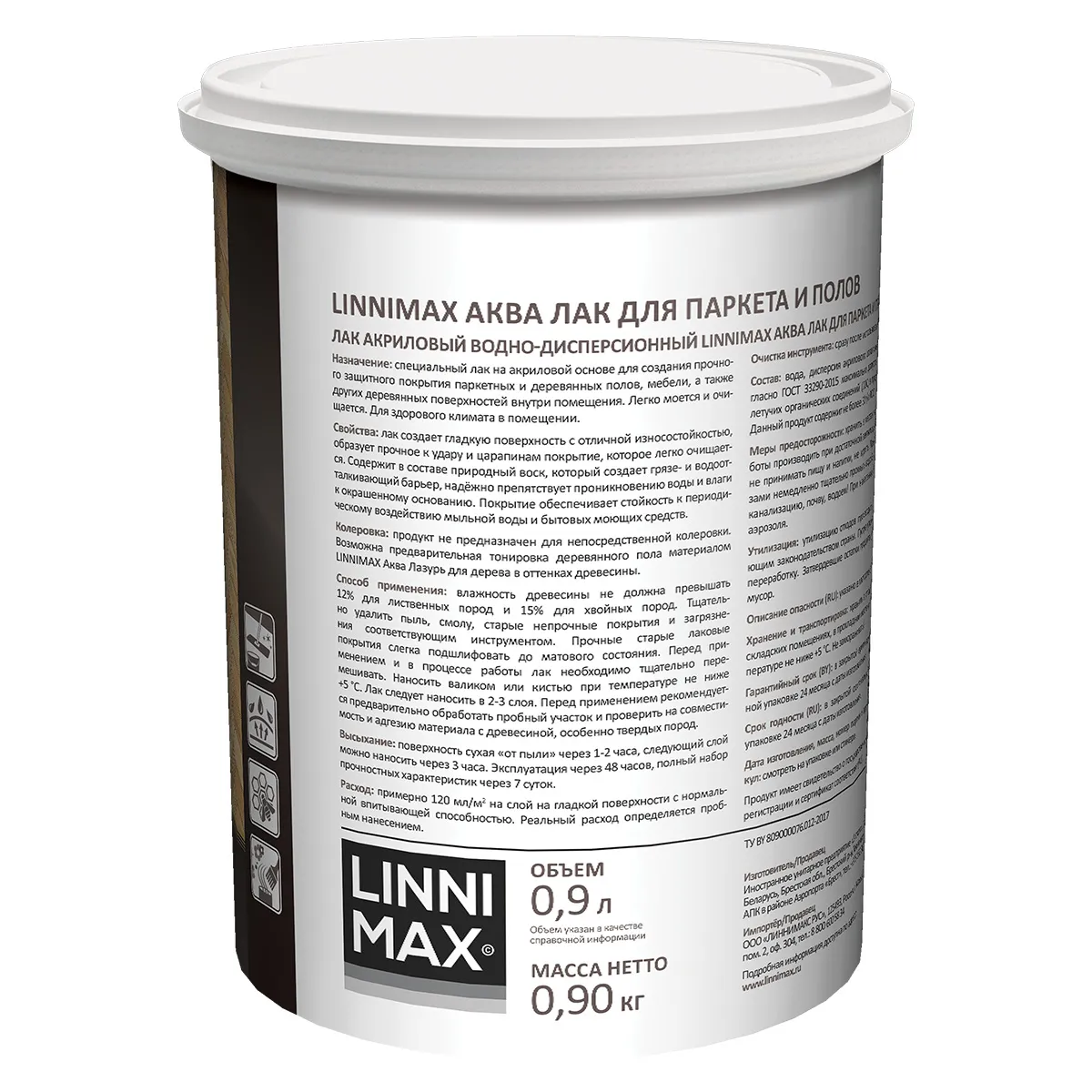 ЛАК АКРИЛОВЫЙ "АКВА" ПАРКЕТНЫЙ ГЛЯНЦ. 0,9 Л (1) "LINNIMAX"