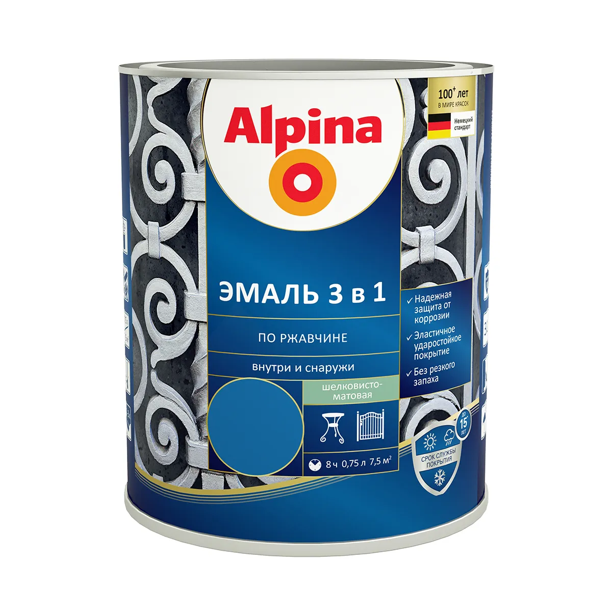 ГРУНТ- ЭМАЛЬ ПО РЖАВЧИНЕ 3 В 1 СИНЯЯ (RAL 5005) 0,75 Л (1/6) "ALPINA"