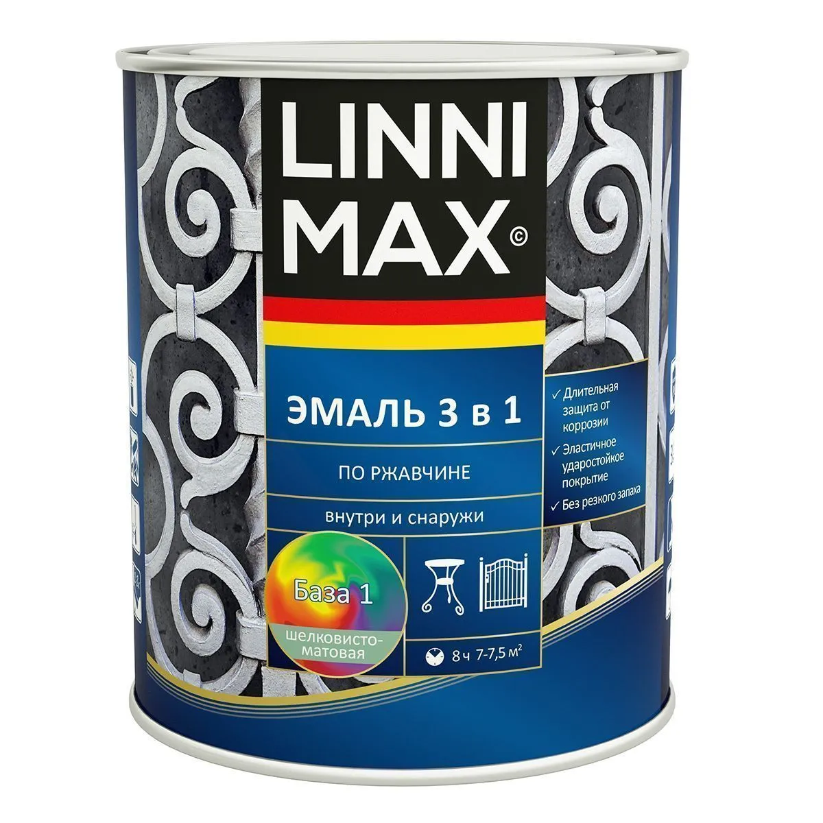ГРУНТ- ЭМАЛЬ ПО РЖАВЧИНЕ 3 В 1 БАЗА 1 (БЕЛАЯ) 0,75 Л (1/6) "LINNIMAX"