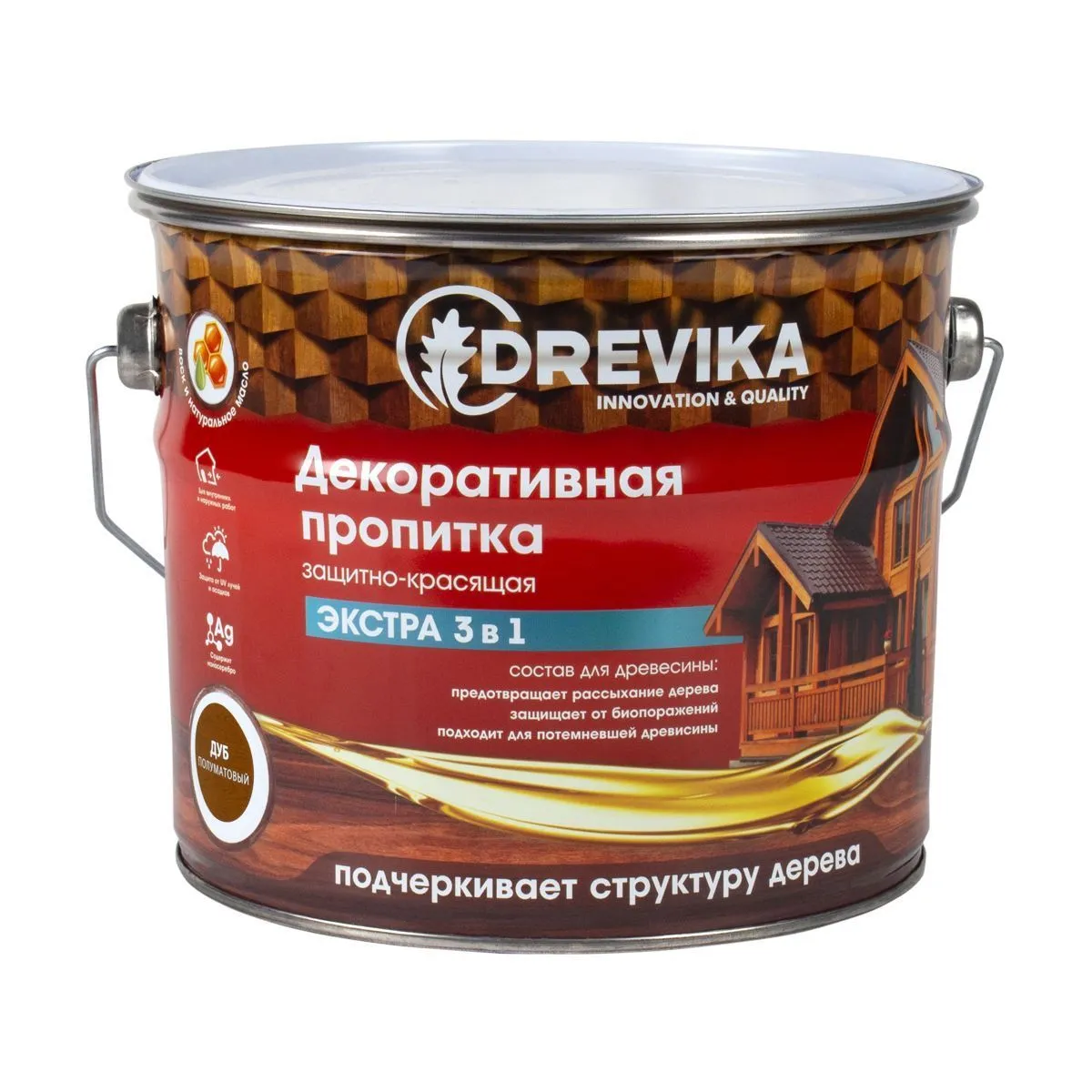 ПРОПИТКА ДЕКОРАТИВНАЯ "ЭКСТРА 3 В 1" ДУБ 3 Л (1/4) "DREVIKA"