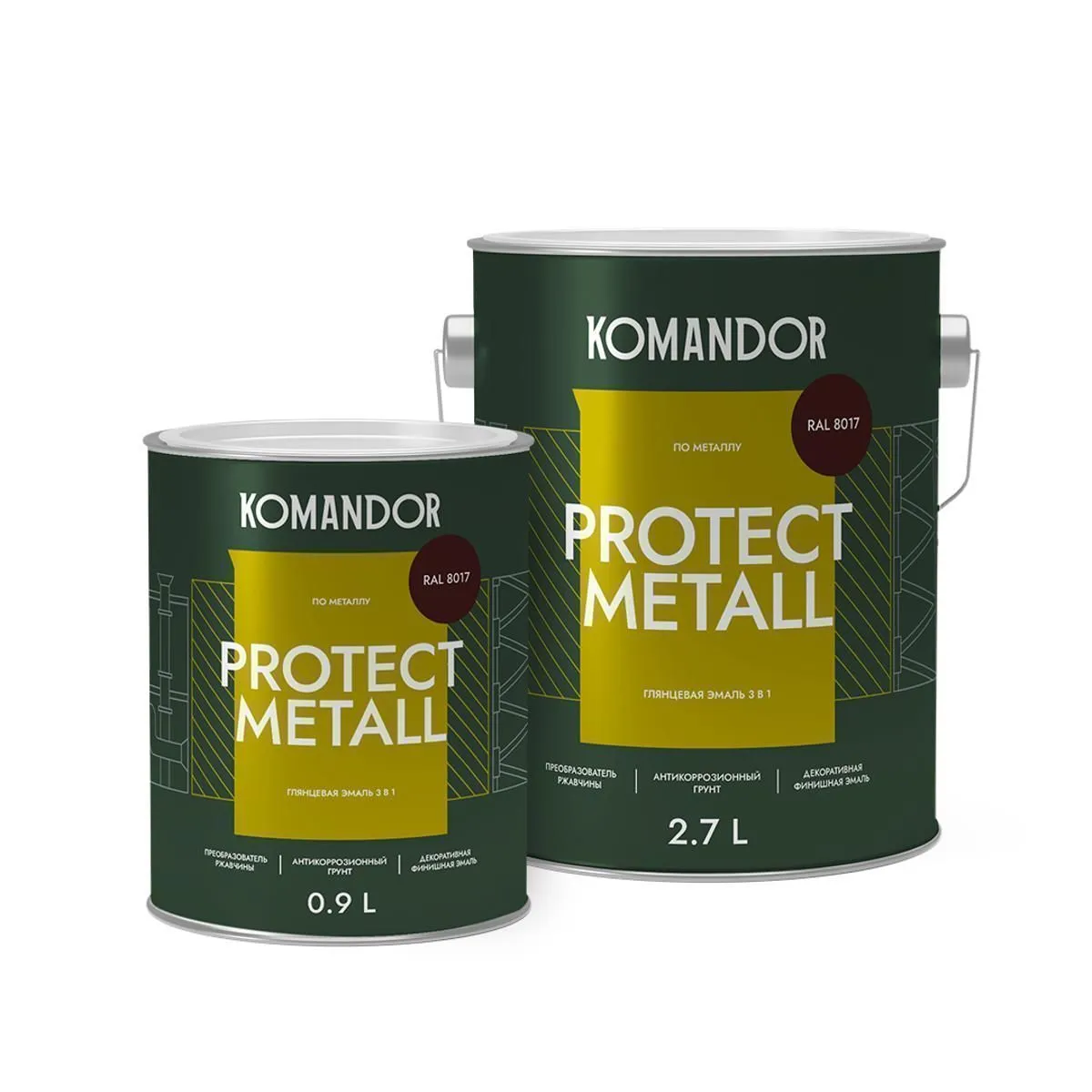 ГРУНТ-ЭМАЛЬ ПО РЖАВЧИНЕ 3 В 1 "PROTECT METALL" ГЛЯНЦЕВАЯ 0,9 Л КОРИЧНЕВАЯ RAL 8017 (1/6) "KOMANDOR"