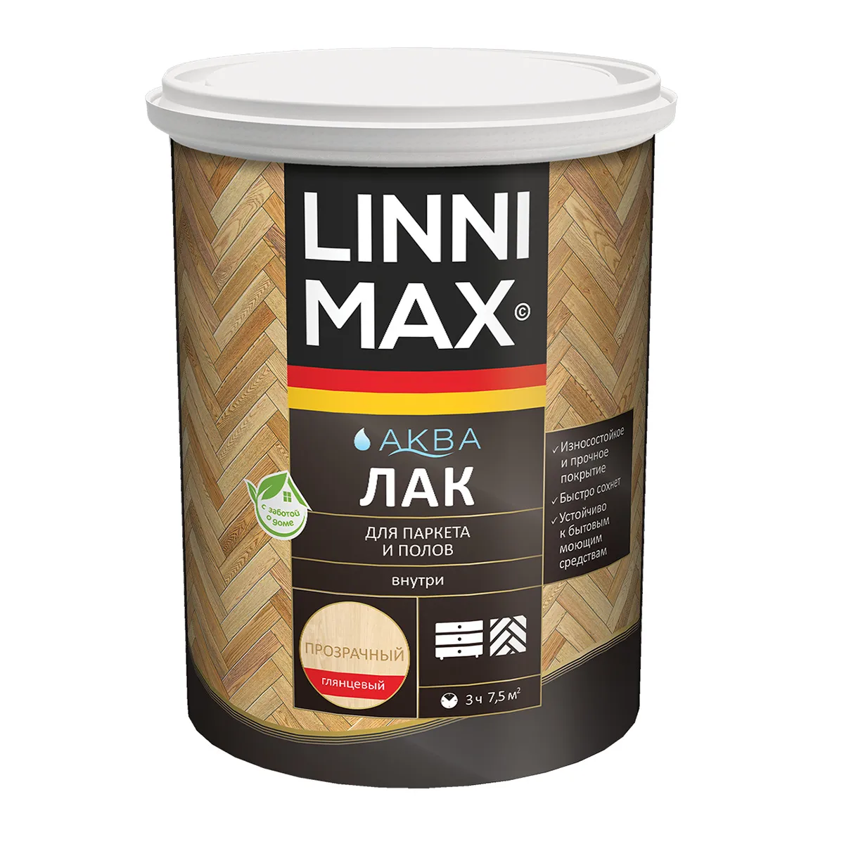 ЛАК АКРИЛОВЫЙ "АКВА" ПАРКЕТНЫЙ ГЛЯНЦ. 0,9 Л (1) "LINNIMAX"