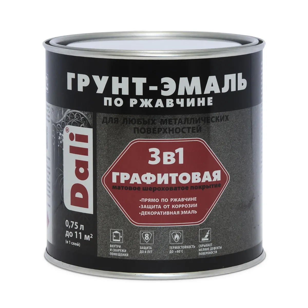 ГРУНТ- ЭМАЛЬ ПО РЖАВЧИНЕ "DALI" ГРАФИТОВАЯ 3 В 1 ЧЕРНАЯ  0,75 Л (1/6) "РОГНЕДА"