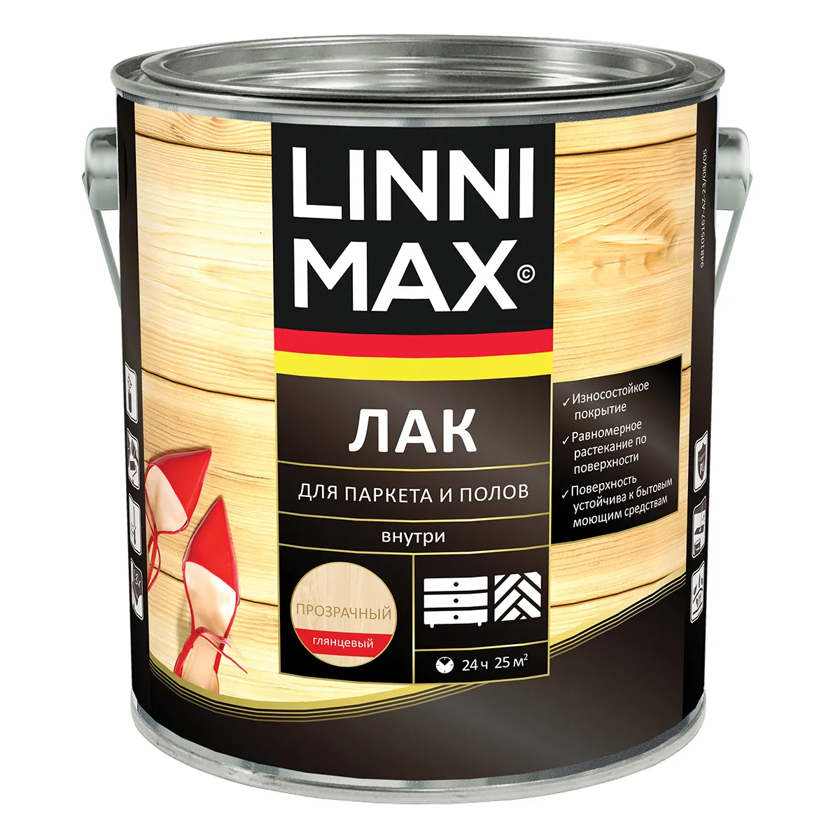 ЛАК ДЛЯ ПАРКЕТА И ПОЛОВ АЛКИДНО-ПОЛИУРЕТАНОВЫЙ ГЛЯНЦЕВЫЙ 2,5 Л (1/4) "LINNIMAX"