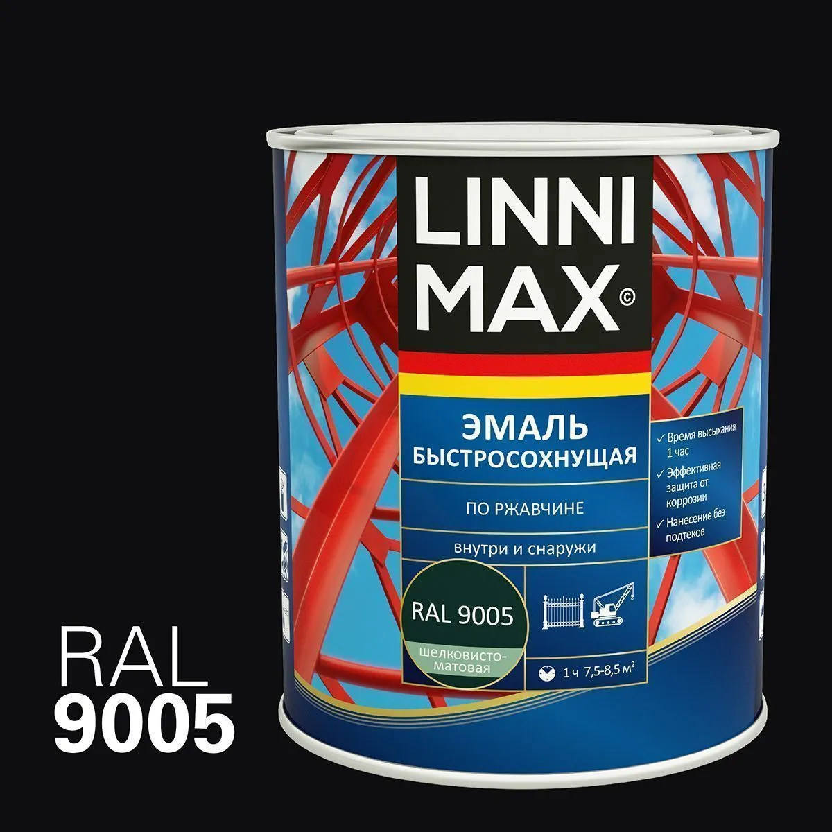 ГРУНТ- ЭМАЛЬ ПО РЖАВЧИНЕ БЫСТРОСОХН. ЧЕРНАЯ (RAL 9005) 0,75 Л (1/6) "LINNIMAX"