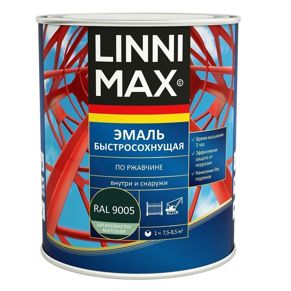 ГРУНТ- ЭМАЛЬ ПО РЖАВЧИНЕ БЫСТРОСОХН. ЧЕРНАЯ (RAL 9005) 0,75 Л (1/6) "LINNIMAX"