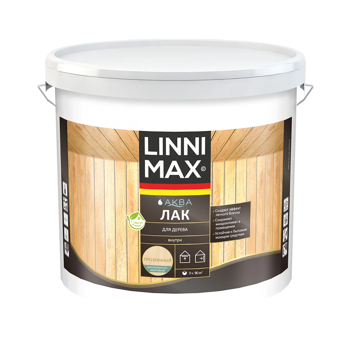ЛАК АКРИЛОВЫЙ "АКВА" ДЛЯ ДЕРЕВА ШЕЛКОВИСТО-МАТОВЫЙ 9 Л (1) "LINNIMAX"