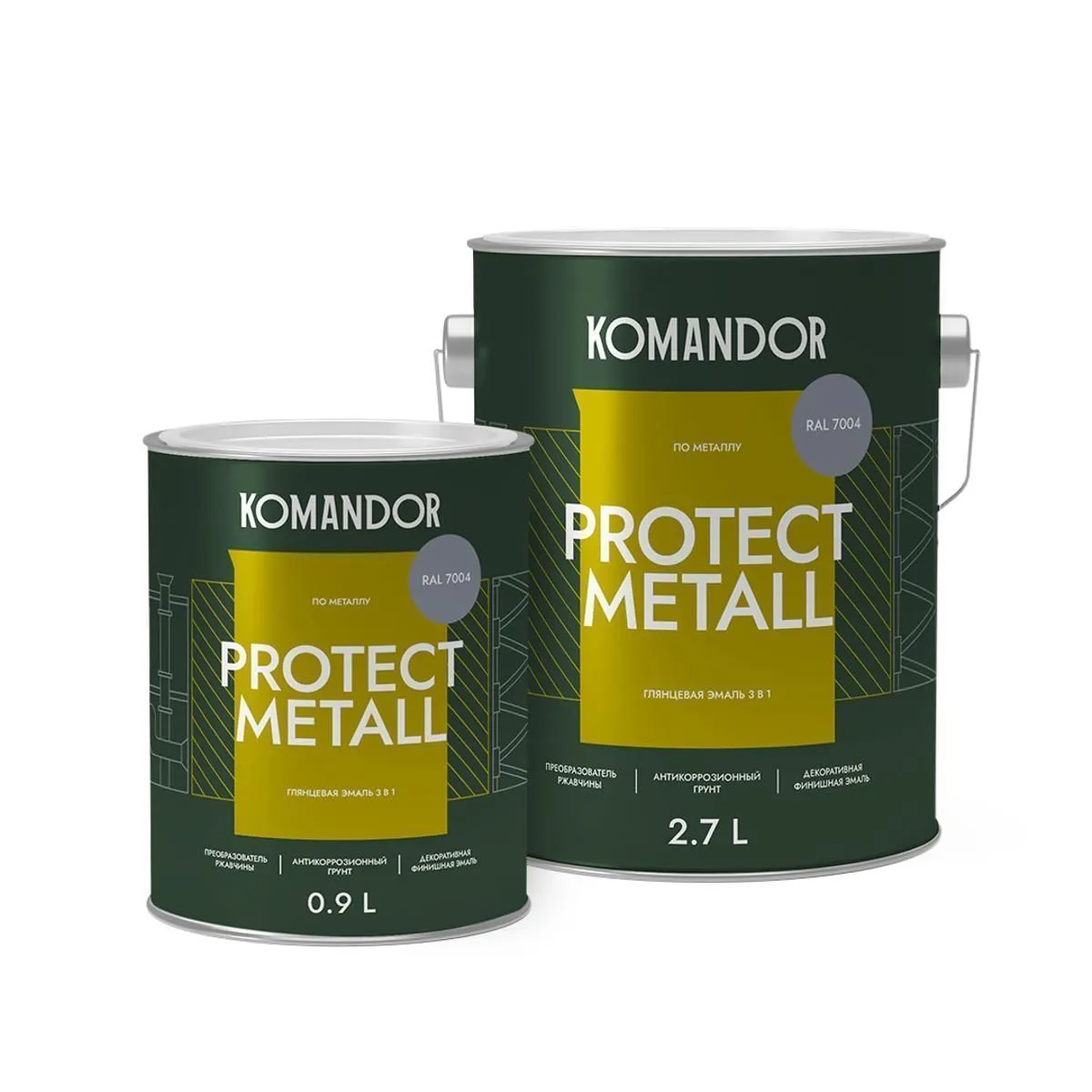 ГРУНТ-ЭМАЛЬ ПО РЖАВЧИНЕ 3 В 1 "PROTECT METALL" ГЛЯНЦЕВАЯ 0,9 Л СЕРАЯ RAL 7004 (1/6) "KOMANDOR"