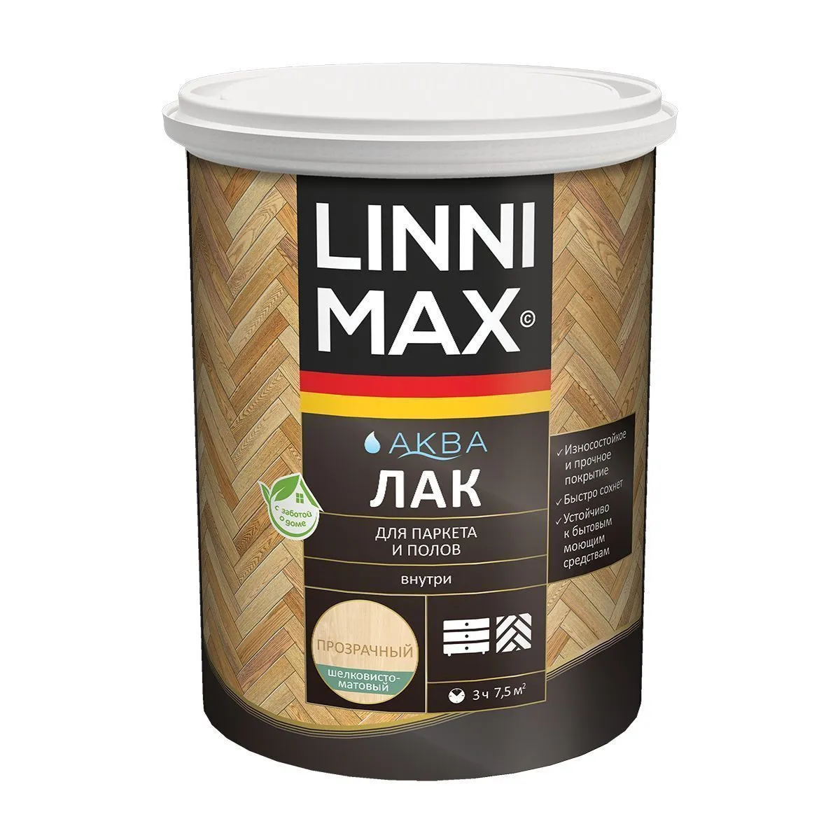 ЛАК АКРИЛОВЫЙ "АКВА" ПАРКЕТНЫЙ ШЕЛКОВИСТО-МАТОВЫЙ 0,9 Л (1) "LINNIMAX"