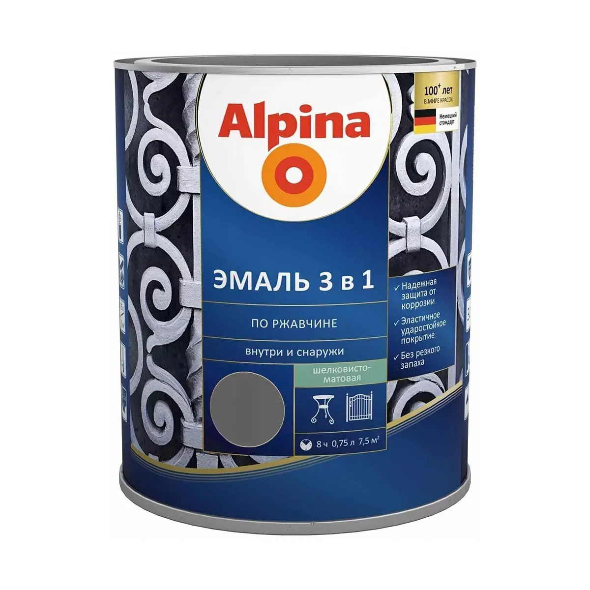 ГРУНТ- ЭМАЛЬ ПО РЖАВЧИНЕ 3 В 1 ПЕРЛАМУТРОВАЯ ТЕМНО-СЕРАЯ (RAL 9023) 0,75 Л (1/6) "ALPINA"