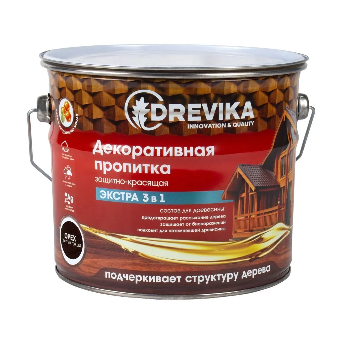 ПРОПИТКА ДЕКОРАТИВНАЯ "ЭКСТРА 3 В 1" ОРЕХ 3 Л (1/4) "DREVIKA"