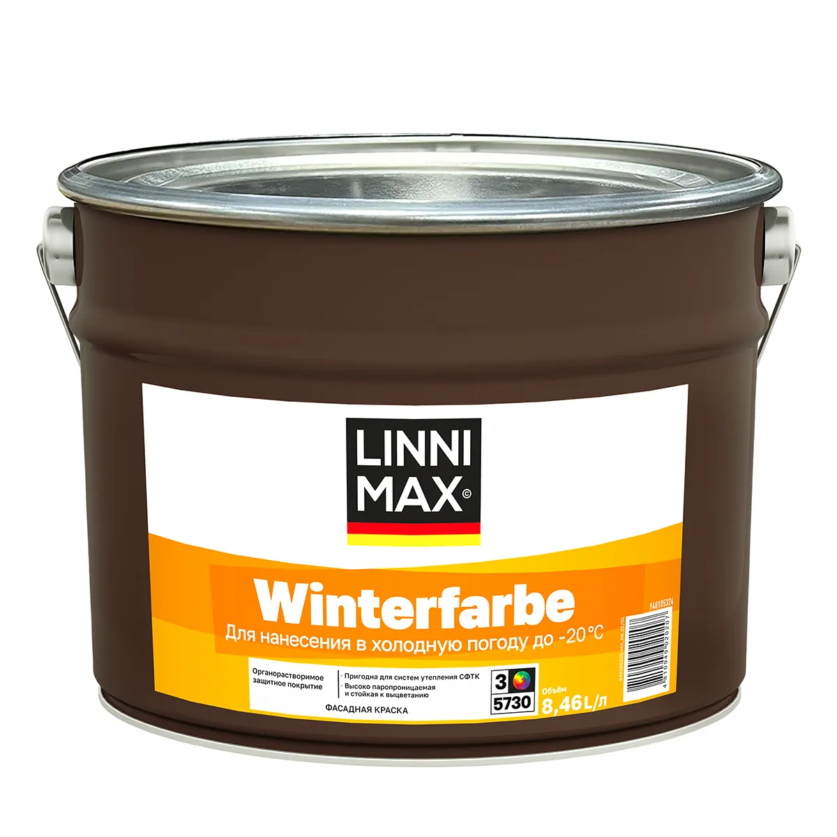 КРАСКА ФАСАДНАЯ "WINTERFARBE" БАЗА 3 (БЕСЦВЕТНАЯ) 8,46 Л (1) "LINNIMAX"