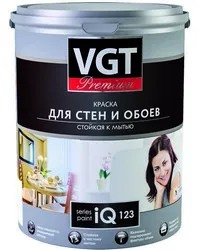 КРАСКА АКРИЛОВАЯ "PREMIUM" ДЛЯ СТЕН И ОБОЕВ СТОЙКАЯ К МЫТЬЮ  IQ123  БАЗА А  0,8 Л/1,2 КГ (1/6) "ВГТ"