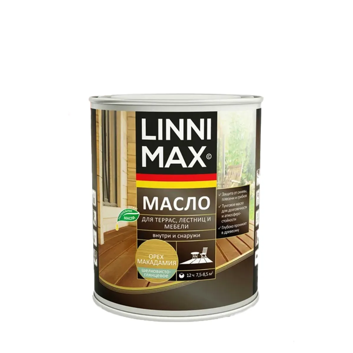 МАСЛО ДЛЯ ТЕРРАС, ЛЕСТНИЦ, МЕБЕЛИ ОРЕХ МАКАДАМИЯ 0,75 Л (1/6) "LINNIMAX"