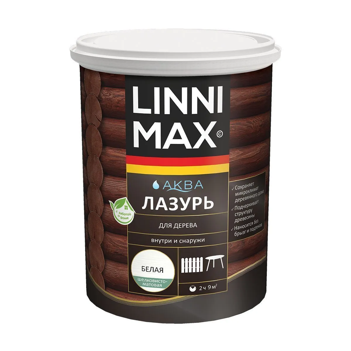 ЛАЗУРЬ ДЕРЕВОЗАЩИТНАЯ "АКВА" БЕЛАЯ 0,9 Л (1) "LINNIMAX"