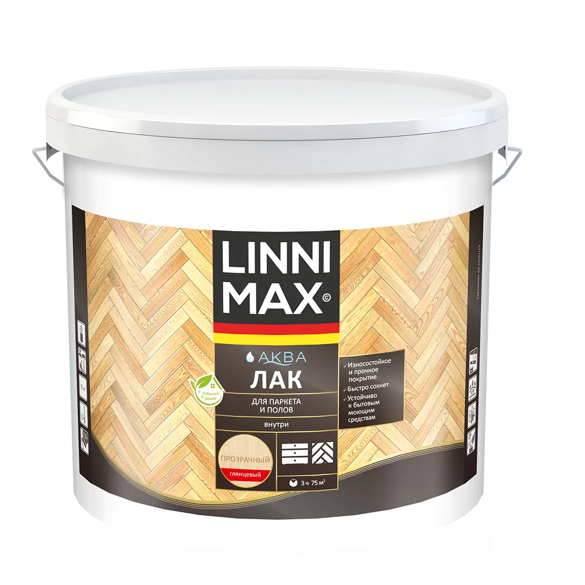ЛАК АКРИЛОВЫЙ "АКВА" ПАРКЕТНЫЙ ГЛЯНЦ. 9 Л (1) "LINNIMAX"
