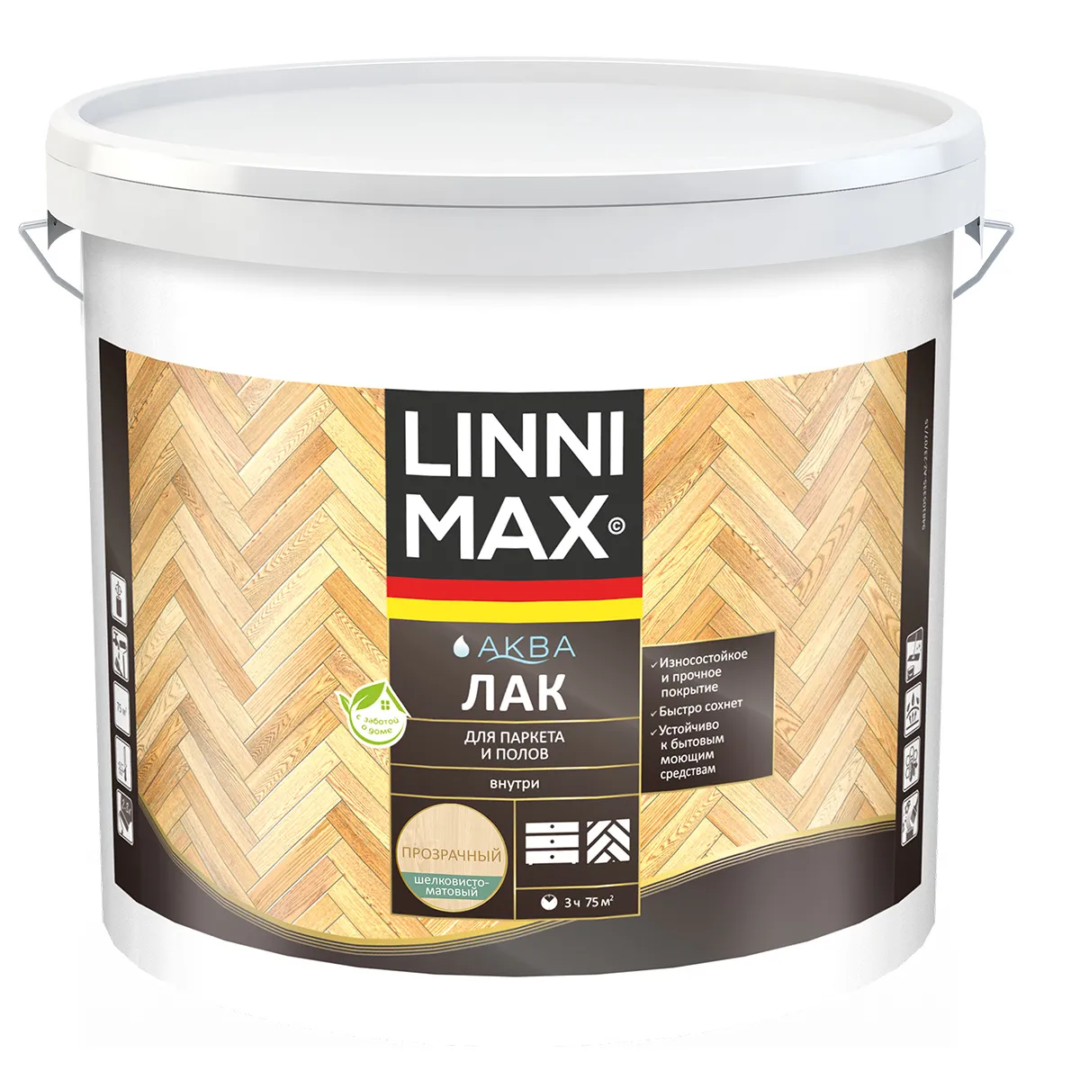 ЛАК АКРИЛОВЫЙ "АКВА" ПАРКЕТНЫЙ ШЕЛКОВИСТО-МАТОВЫЙ 9 Л (1) "LINNIMAX"