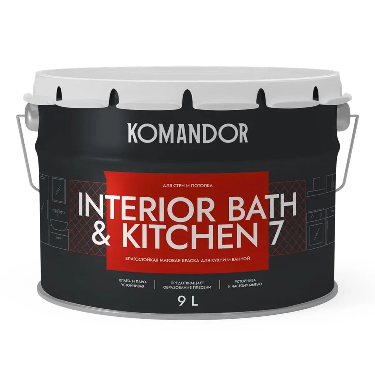 КРАСКА "INTERIOR BATH&KITCHEN 7" ВЛАГОСТОЙКАЯ БАЗА A 9 Л (1) "KOMANDOR"