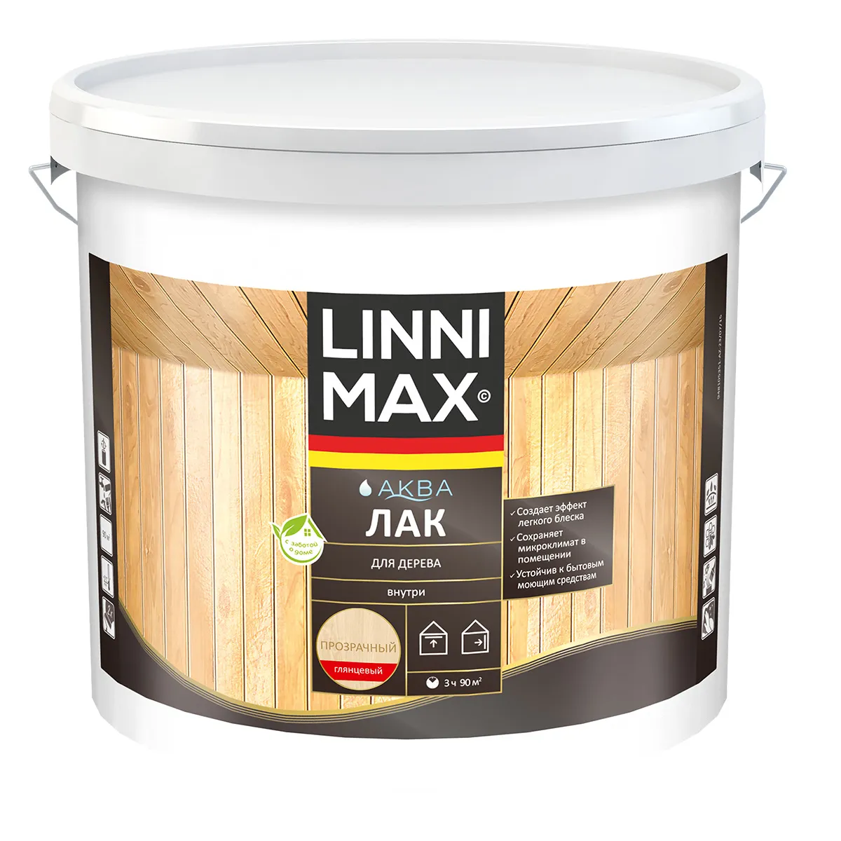 ЛАК АКРИЛОВЫЙ "АКВА" ДЛЯ ДЕРЕВА ГЛЯНЦ. 9 Л (1) "LINNIMAX"
