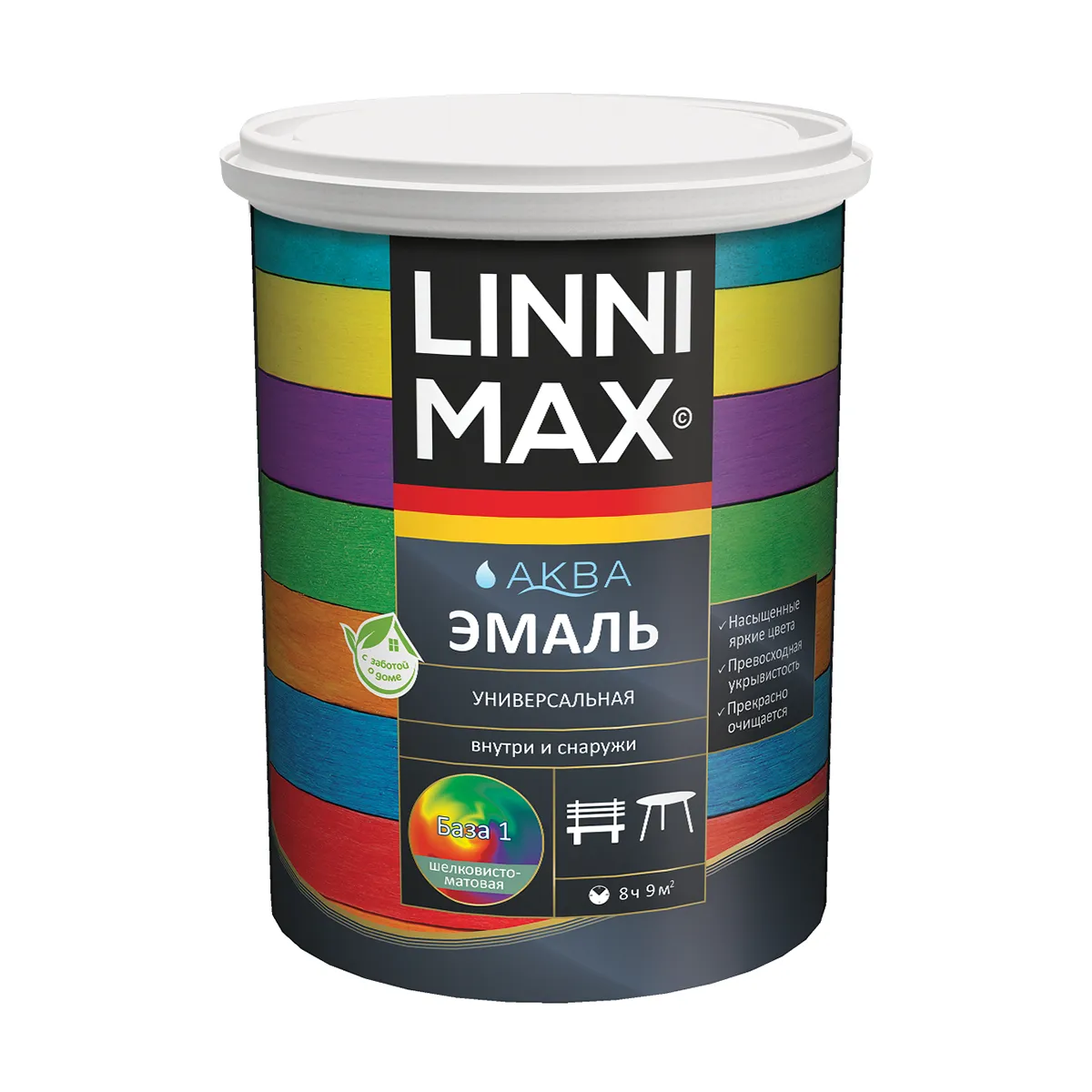 ЭМАЛЬ АКРИЛОВАЯ "АКВА" ШЕЛКОВИСТО-МАТОВАЯ БАЗА 1 БЕЛАЯ 9 Л (1) "LINNIMAX"