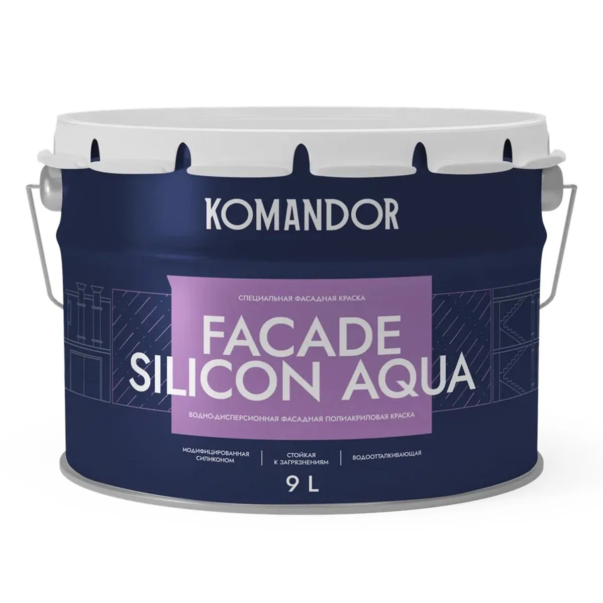 КРАСКА ФАСАДНАЯ "FACADE SILICON AQUA" ВОДООТТАЛКИВАЮЩАЯ БАЗА A 9 Л (1) "KOMANDOR"