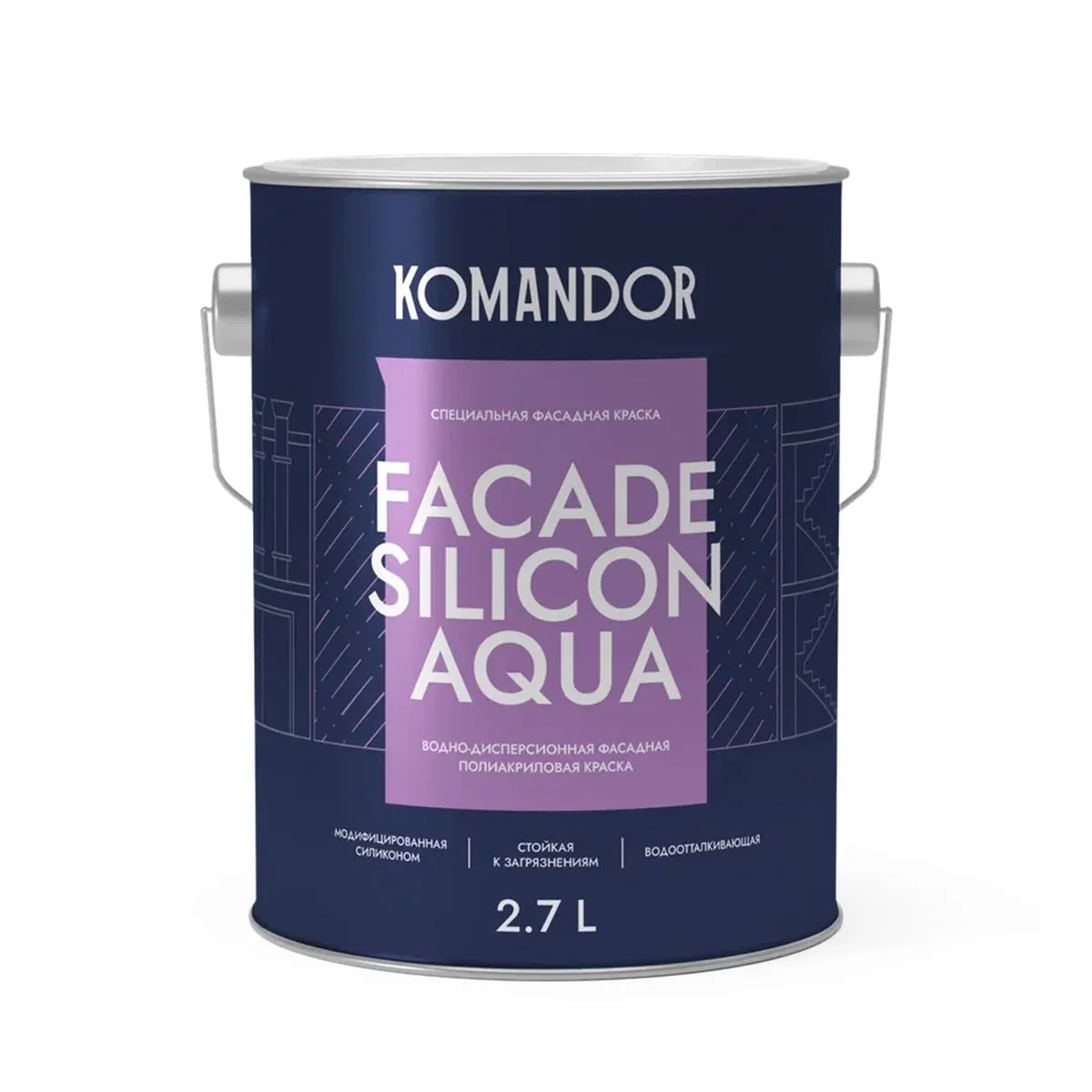 КРАСКА ФАСАДНАЯ "FACADE SILICON AQUA" ВОДООТТАЛКИВАЮЩАЯ БАЗА A 2,7 Л (1) "KOMANDOR"