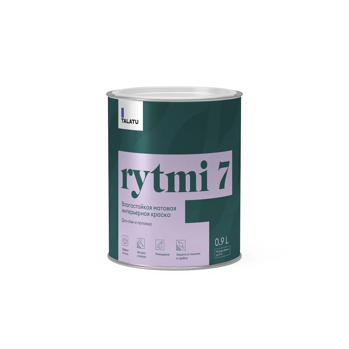 КРАСКА "RYTMI 7" ДЛЯ СТЕН И ПОТОЛКОВ ВЛАГОСТОЙКАЯ БАЗА A 0,9 Л (1/6) "TALATU"