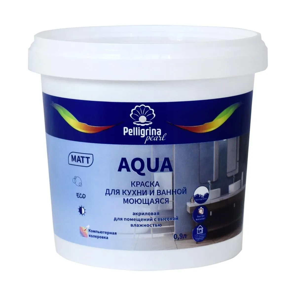 КРАСКА "AQUA "ДЛЯ КУХНИ И ВАННОЙ МОЮЩАЯСЯ АКРИЛОВАЯ БАЗА А 0,9 Л (1/8) "ПЕЛЛИГРИНА ЖЕМЧУГ"