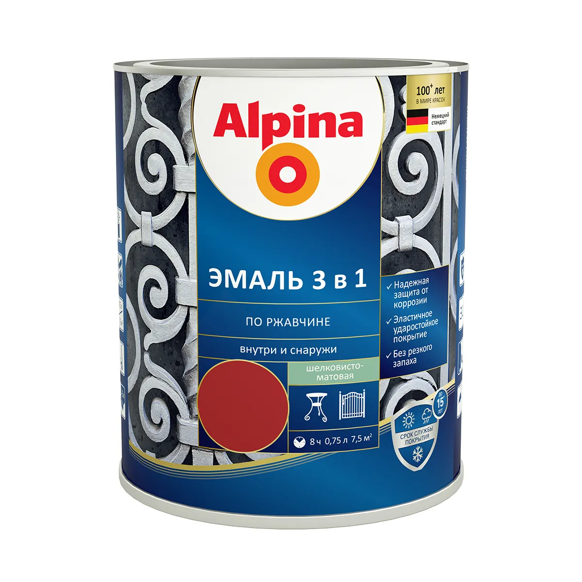ГРУНТ- ЭМАЛЬ ПО РЖАВЧИНЕ 3 В 1 КРАСНО-КОРИЧНЕВАЯ (RAL 3011) 0,75 Л (1/6) "ALPINA"
