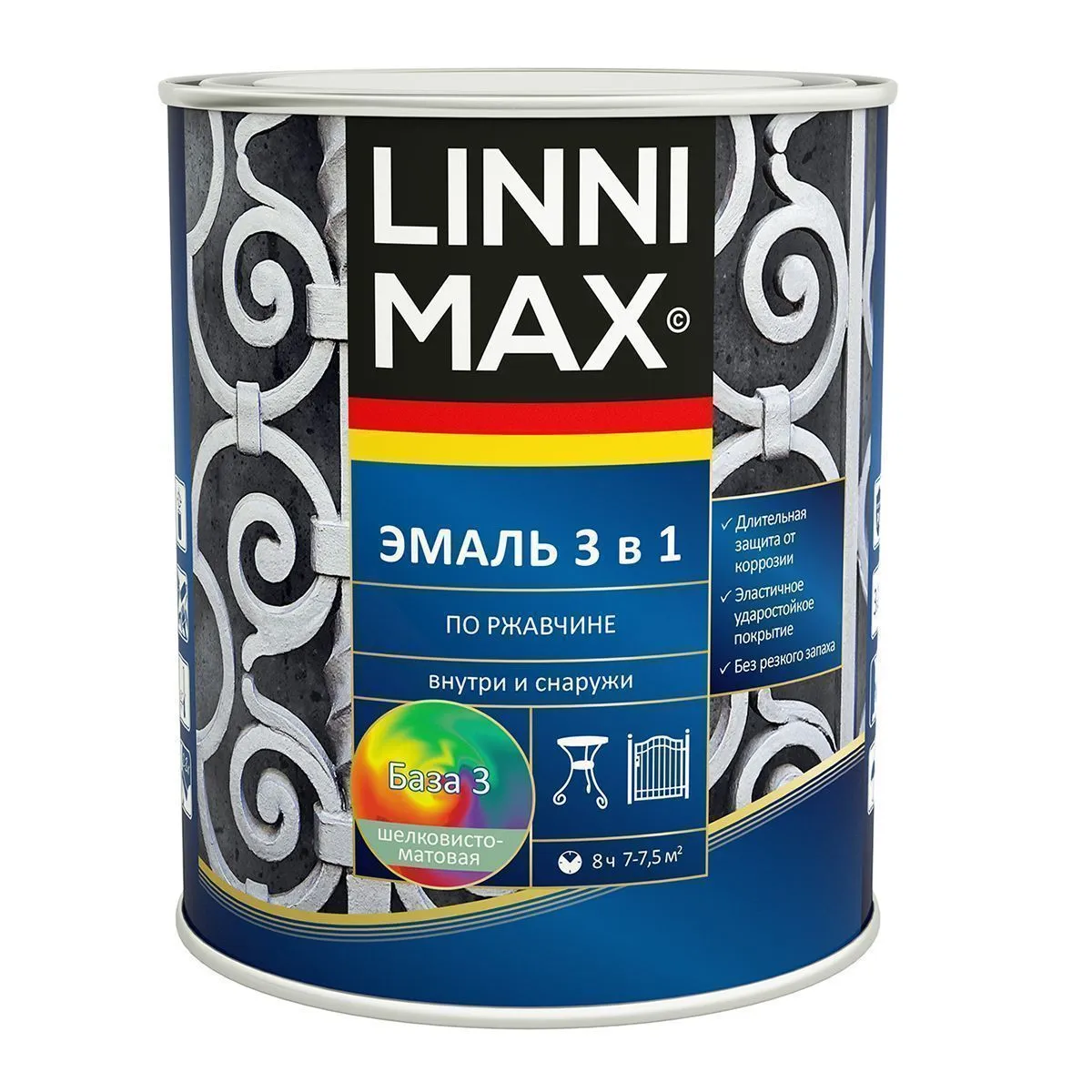 ГРУНТ- ЭМАЛЬ ПО РЖАВЧИНЕ 3 В 1 БАЗА 3 (БЕСЦВЕТНАЯ) 0,69 Л (1/6) "LINNIMAX"