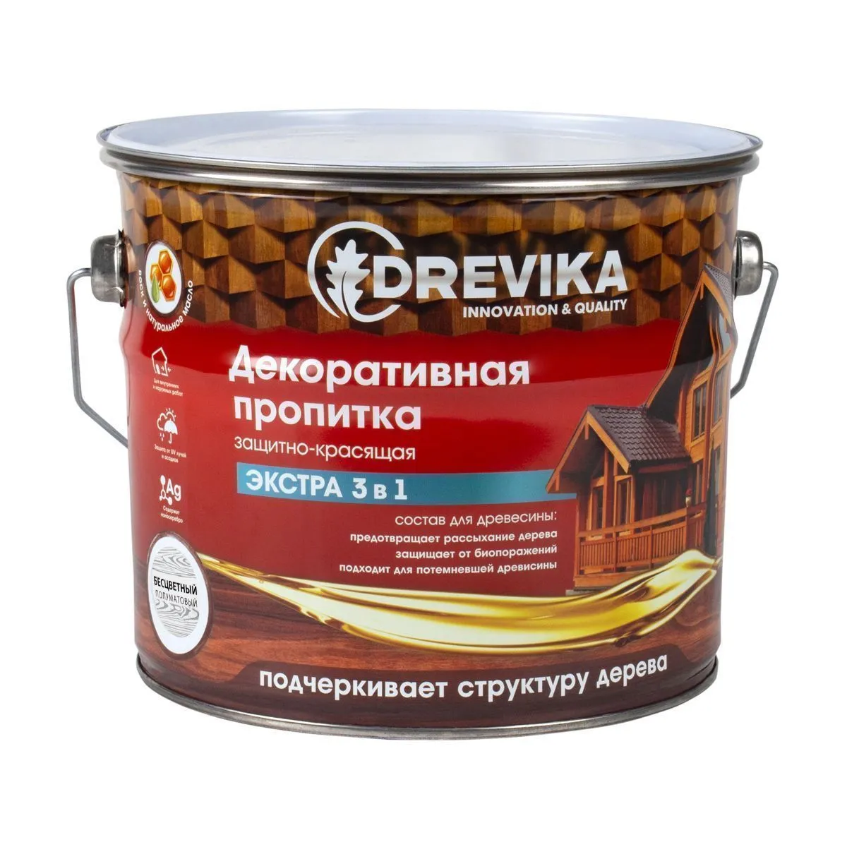 ПРОПИТКА ДЕКОРАТИВНАЯ "ЭКСТРА 3 В 1" БЕСЦВЕТНЫЙ 3 Л (1/4) "DREVIKA"