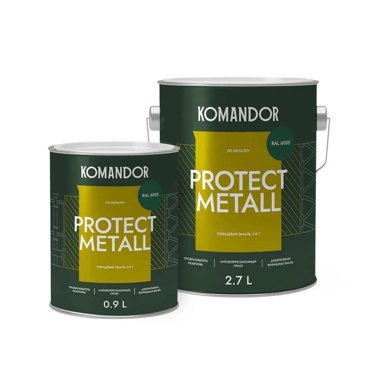 ГРУНТ-ЭМАЛЬ ПО РЖАВЧИНЕ 3 В 1 "PROTECT METALL" ГЛЯНЦЕВАЯ 0,9 Л ЗЕЛЕНАЯ RAL 6005 (1/6) "KOMANDOR"