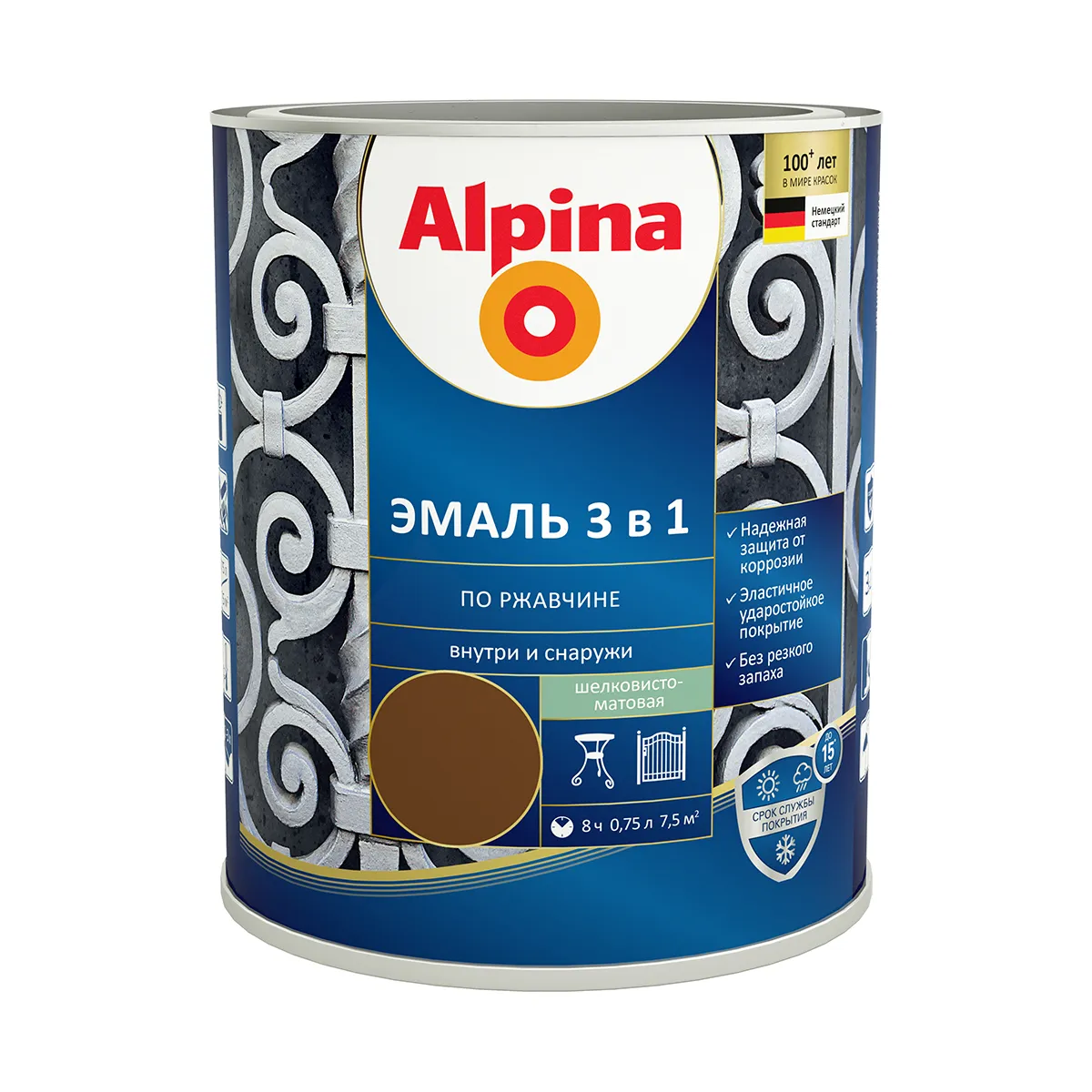 ГРУНТ- ЭМАЛЬ ПО РЖАВЧИНЕ 3 В 1 ТЕМНО-КОРИЧНЕВАЯ (RAL 8011) 0,75 Л (1/6) "ALPINA"