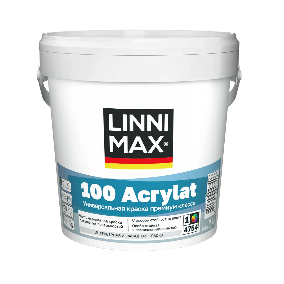 КРАСКА ФАСАДНАЯ "100 ACRYLAT" БАЗА 1 (БЕЛАЯ) 0,9 Л (1/6) "LINNIMAX"