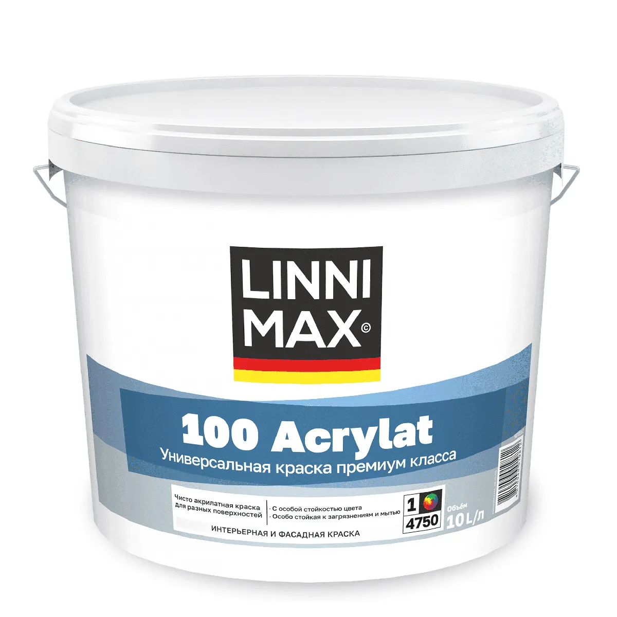 КРАСКА ФАСАДНАЯ "100 ACRYLAT" БАЗА 1 (БЕЛАЯ) 10 Л (1) "LINNIMAX"