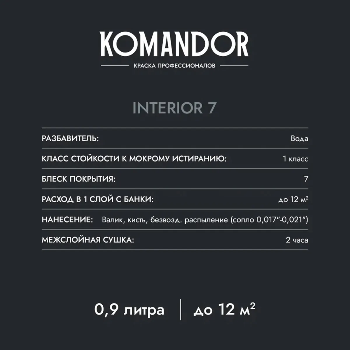 КРАСКА "INTERIOR 7" ДЛЯ СТЕН И ПОТОЛКОВ БАЗА C 0,9 Л (1/6) "KOMANDOR"