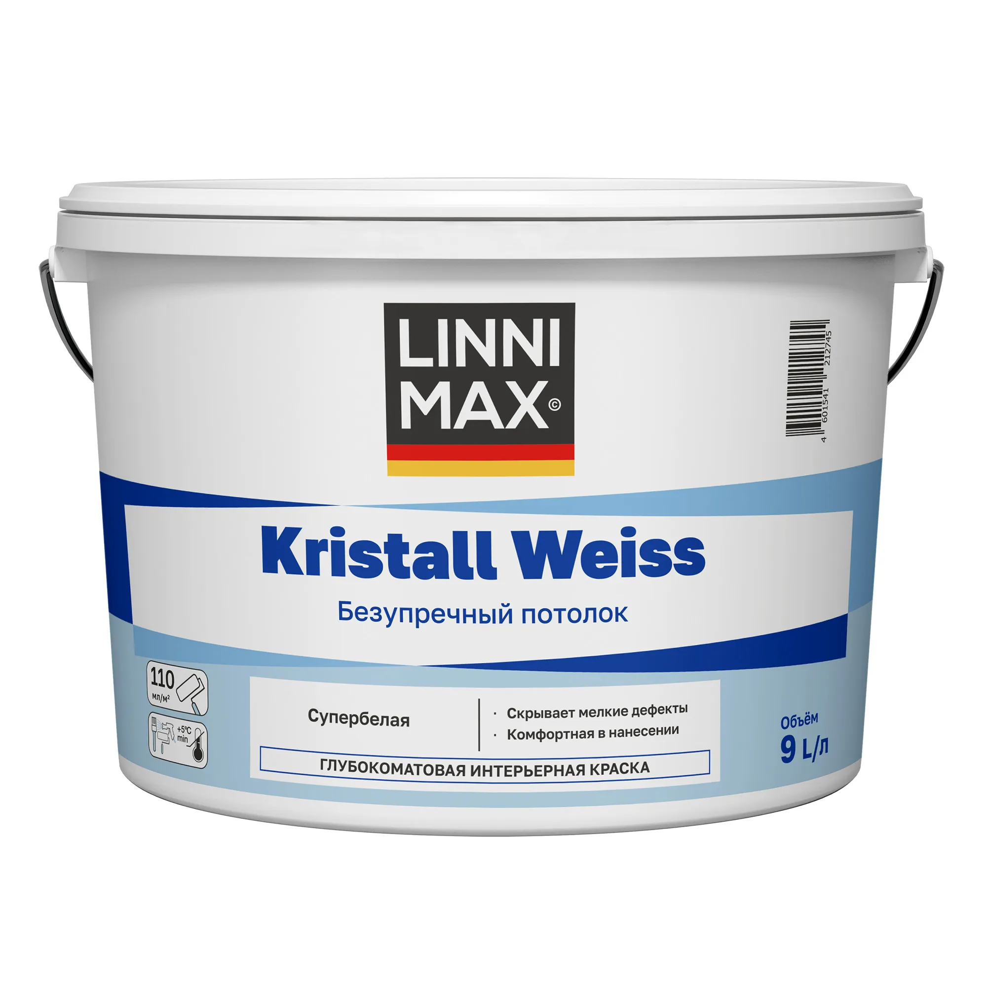 КРАСКА ИНТЕРЬЕРНАЯ "KRISTALL WEISS" БЕЗУПРЕЧНЫЙ ПОТОЛОК БЕЛАЯ 9 Л (1) "LINNIMAX"