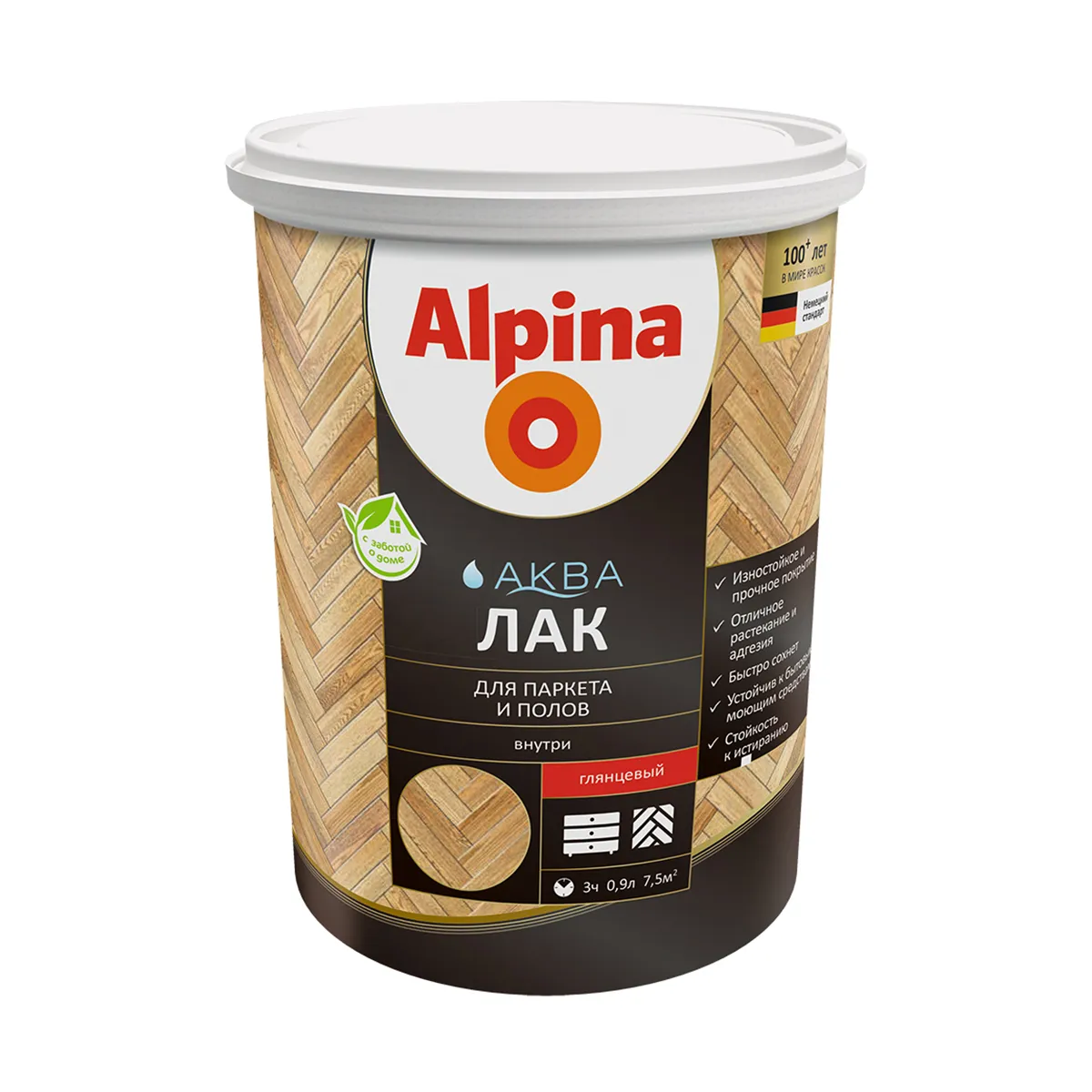 ЛАК АКРИЛОВЫЙ "АКВА" ПАРКЕТНЫЙ ГЛЯНЦ. 0,9 Л (1/6) "ALPINA"