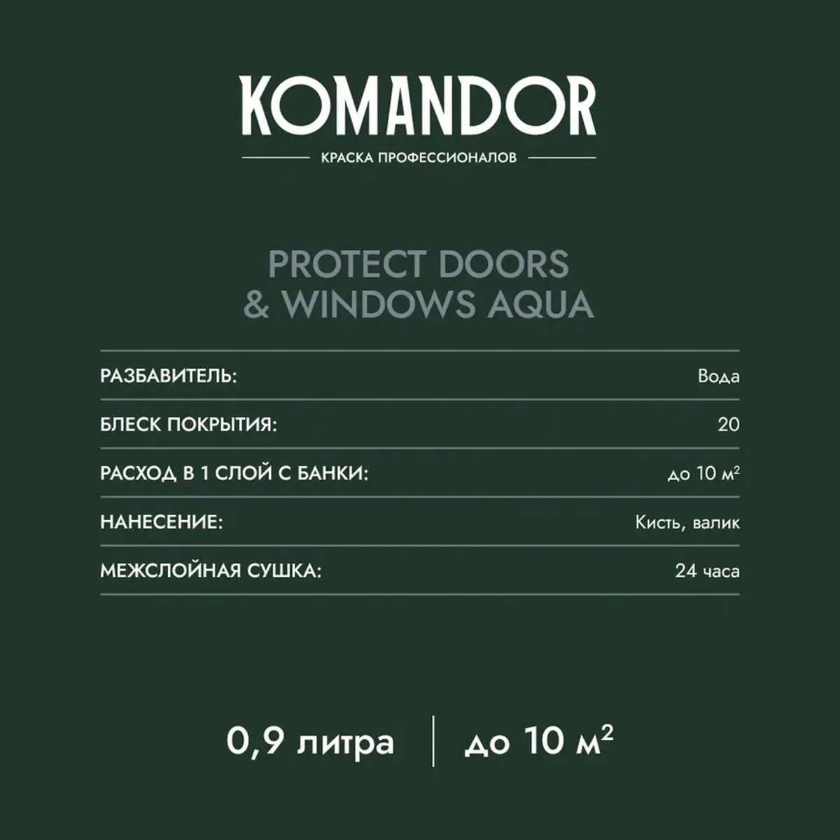 ЭМАЛЬ "PROTECT DOORS&WINDOWS AQUA" ДЛЯ ОКОН И ДВЕРЕЙ БАЗА A 0,9 Л (1/6) "KOMANDOR"