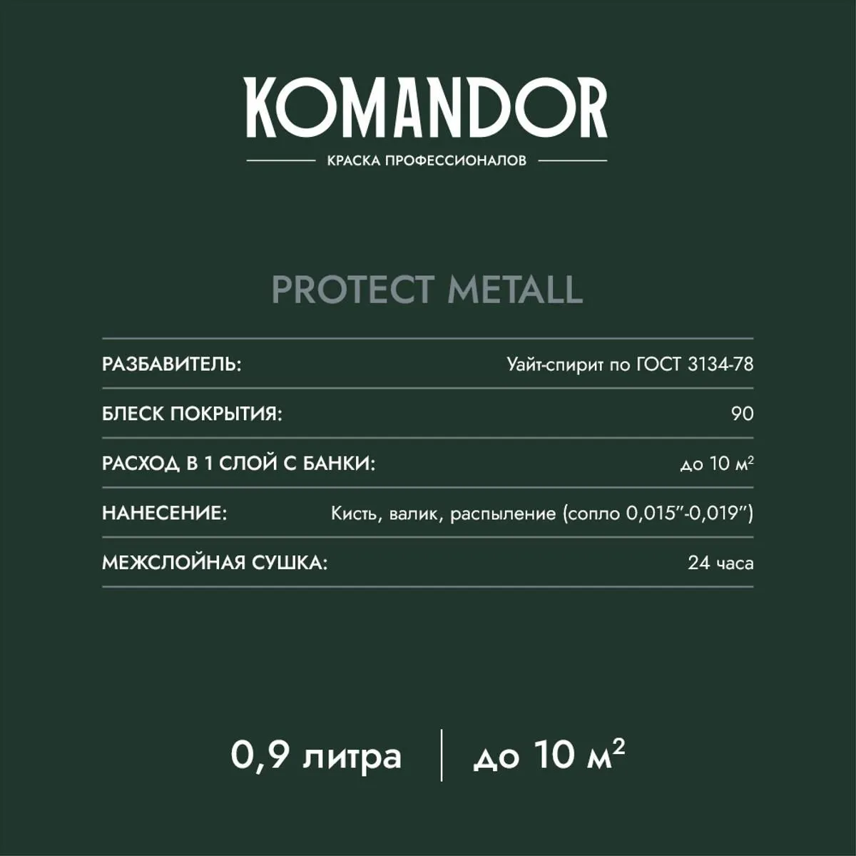 ГРУНТ-ЭМАЛЬ ПО РЖАВЧИНЕ 3 В 1 "PROTECT METALL" ГЛЯНЦЕВАЯ 0,9 Л ЗЕЛЕНАЯ RAL 6005 (1/6) "KOMANDOR"