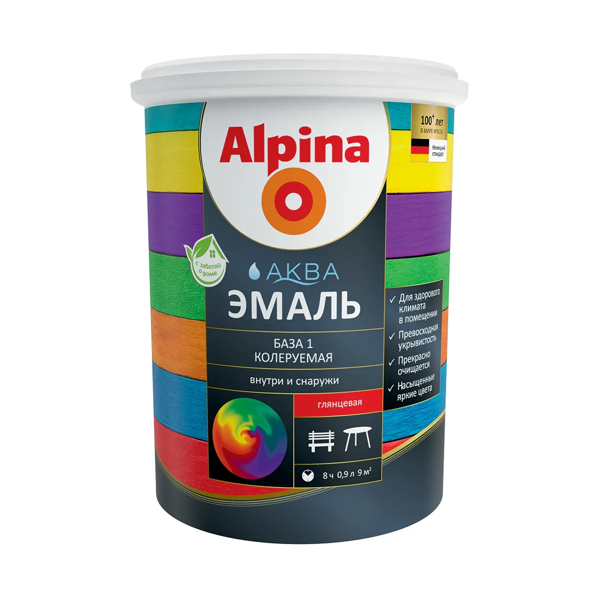 ЭМАЛЬ АКРИЛОВАЯ "АКВА" ПО МЕТАЛЛУ ГЛЯНЦ. БАЗА 1  БЕЛАЯ 0,9 Л (1/6) "ALPINA"