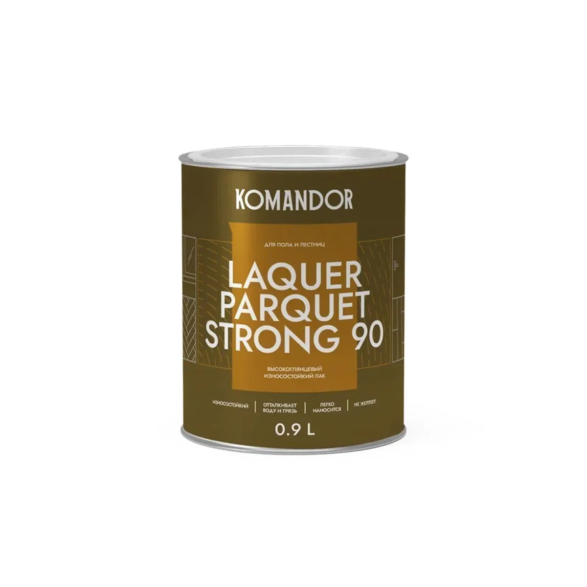 ЛАК "LAQUER PARQUET STRONG 90" ДЛЯ ПОЛОВ ВЫСОКОГЛЯНЦ. 0,9 Л (1/6) "KOMANDOR"