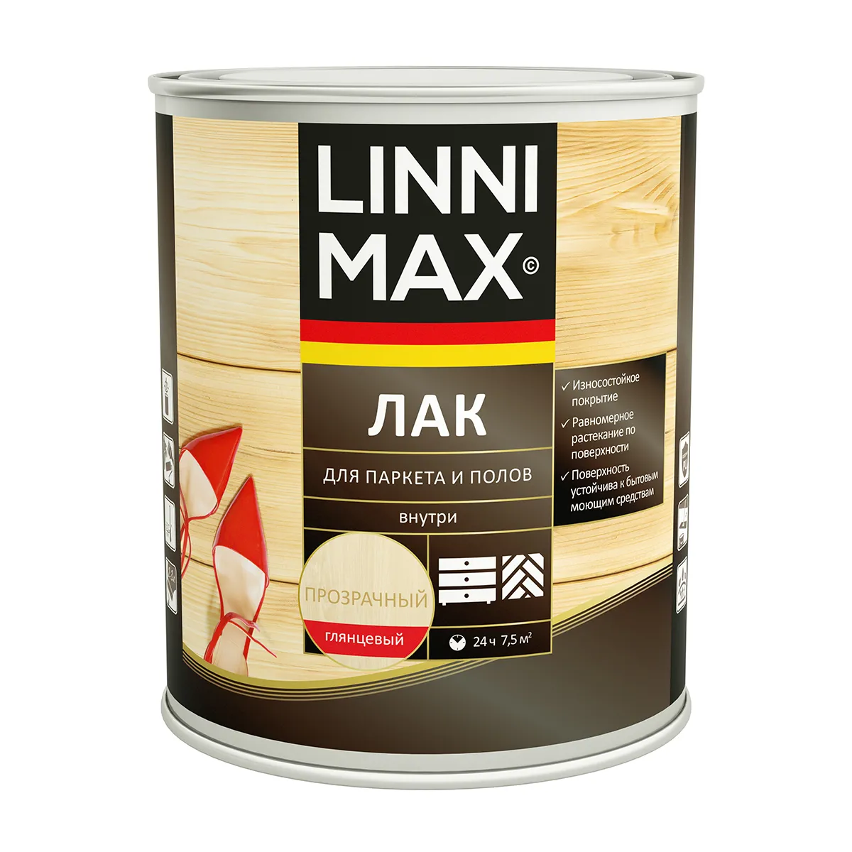 ЛАК ДЛЯ ПАРКЕТА И ПОЛОВ АЛКИДНО-ПОЛИУРЕТАНОВЫЙ ГЛЯНЦЕВЫЙ 0,75 Л (1/6) "LINNIMAX"