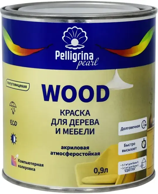 КРАСКА "WOOD" ДЛЯ ДЕРЕВА И МЕБЕЛИ АКРИЛОВАЯ БАЗА С 0,9 Л (1/4) "ПЕЛЛИГРИНА ЖЕМЧУГ"