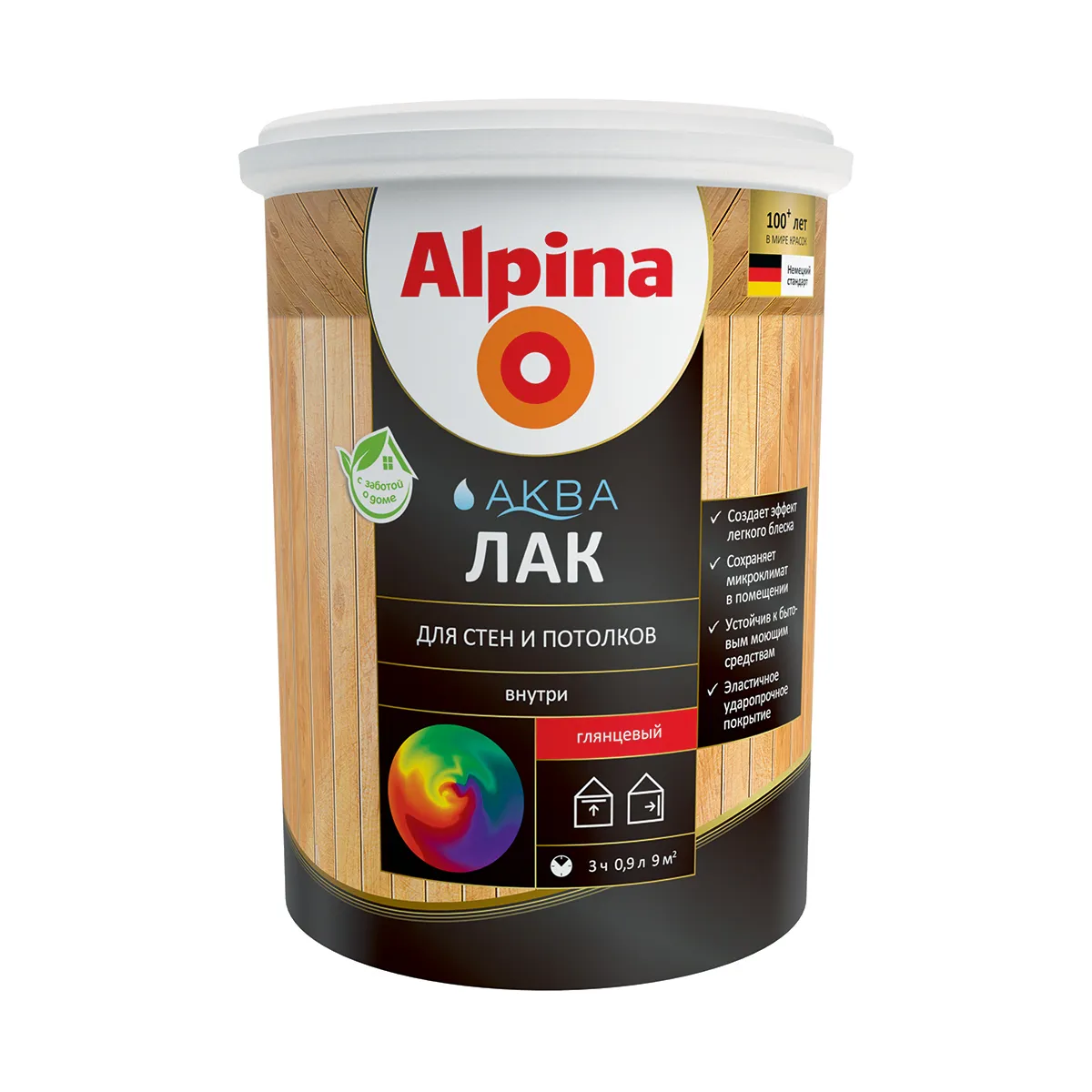 ЛАК АКРИЛОВЫЙ "АКВА" ДЛЯ СТЕН И ПОТОЛКОВ ГЛЯНЦ. 0,9 Л (1/6) "ALPINA"