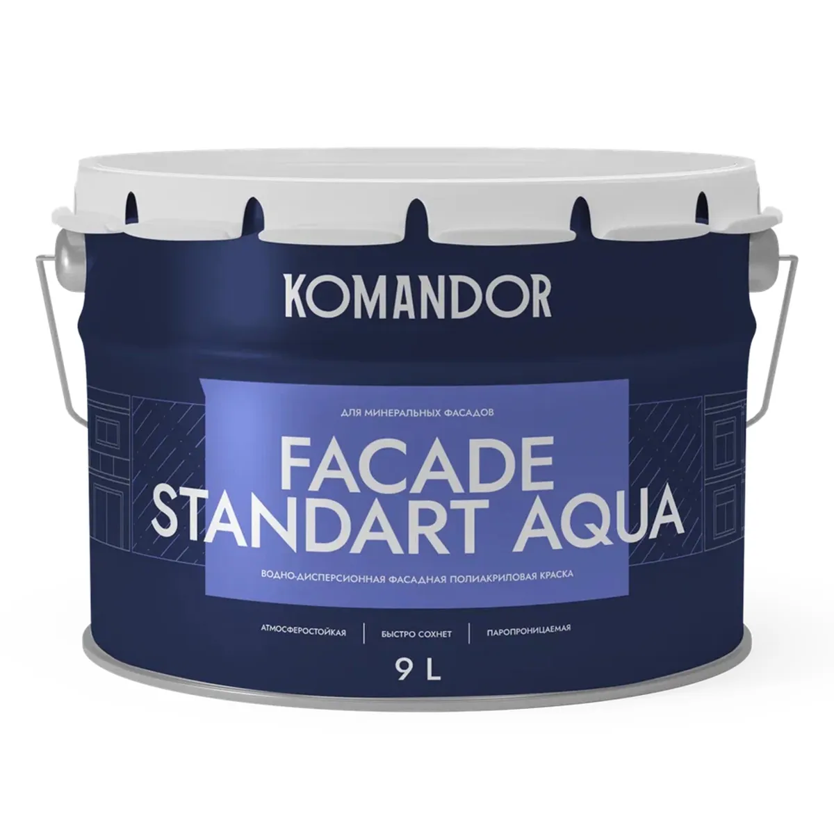 КРАСКА ФАСАДНАЯ "FACADE STANDART AQUA" АТМОСФЕРОСТОЙКАЯ БАЗА A 9 Л (1) "KOMANDOR"